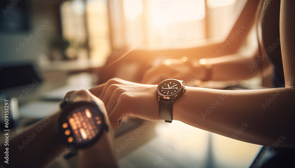 Sticker Businessman holding smart watch, watching clock speed generated by AI