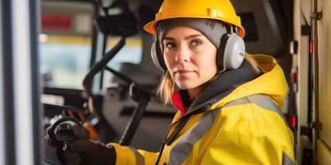 Young woman working on heavy machinery as an industrial crane operator. She wears yellow helmet, earmuffs and jacket. Gender equality at workplace concept. Generative AI - obrazy, fototapety, plakaty