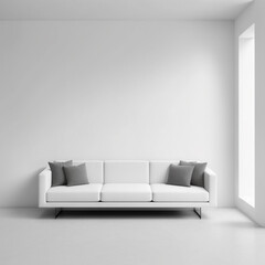 Elegant frontal interior in white color with empty space on wall and furniture: sofa, pillow. Minimalist mock up room in apartment. Generative AI
