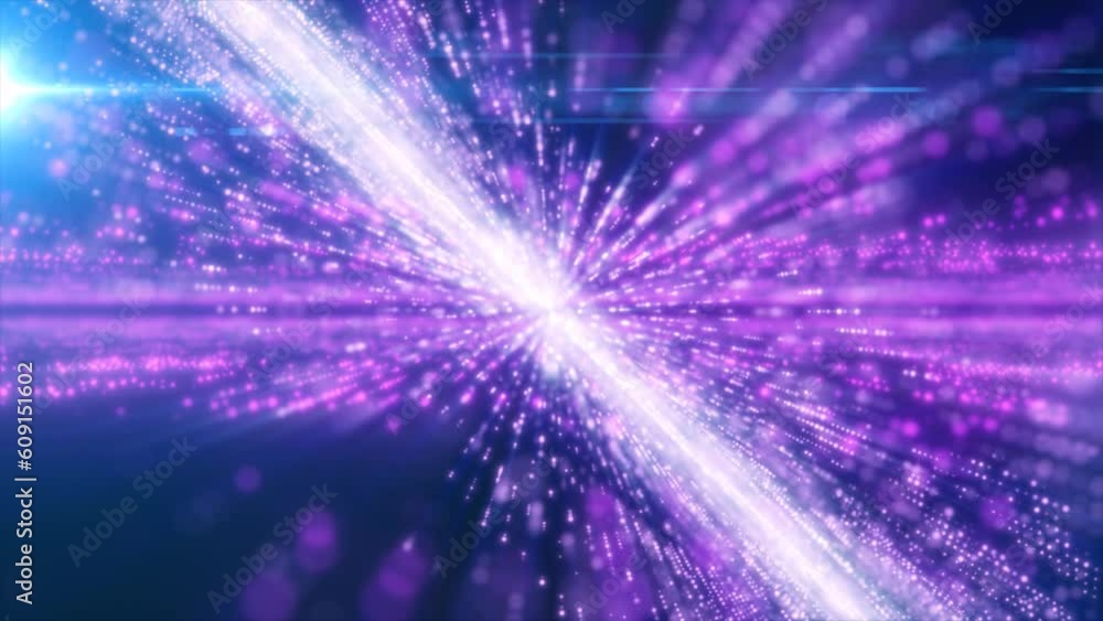 Poster abstract purple energy hi-tech lines and digital particles fly in a tunnel with bokeh effect glowing