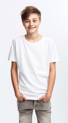 AI generated. T-shirt mockup. Cute smiling teenager 10 years boy in a white T-shirt on a clean background Generative AI