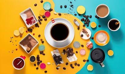  a cup of coffee surrounded by various desserts and candies.  generative ai