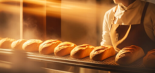 Baker baking fresh bread and pastry in the old town bakery in the morning, hot freshly baked products on shelves and the oven, small local business and food production. Generative Ai