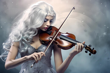 Fototapeta premium A silver-haired woman captivates hearts with her melodic serenading, gracefully playing the violin (Generative AI)