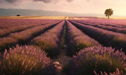  a field of lavender flowers with a lone tree in the distance.  generative ai