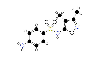 sulfafurazole molecule, structural chemical formula, ball-and-stick model, isolated image sulfisoxazole