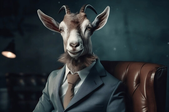 Portrait of a Goat dressed in a formal business suit, The Elegant Boss Goat, generative AI