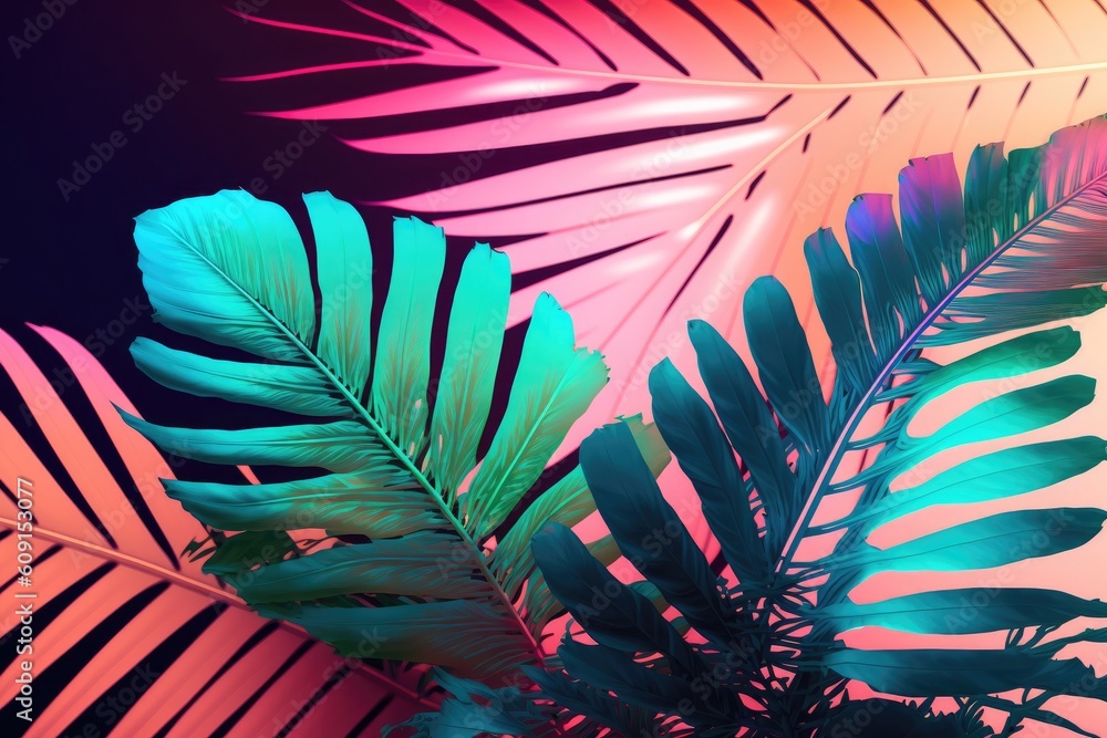 Poster tropical and palm fronds with holographic bright gradient colors. artwork with a conceptual theme. s