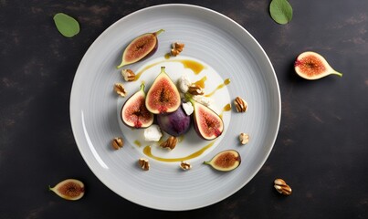  a white plate topped with sliced figs and a drizzle of honey.  generative ai