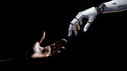 the robot's hand touches the human hand on a black background. the concept of helping artificial intelligence to people. development of AI technologies and robotics. AI generation - obrazy, fototapety, plakaty