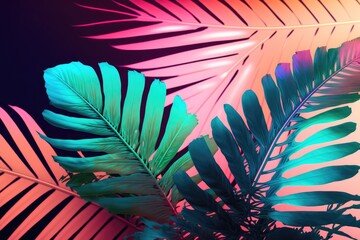 Tropical and palm fronds with holographic bright gradient colors. Artwork with a conceptual theme. Summer setting with a touch of weirdness. Generative AI