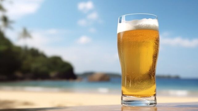 Glass of beer on bar table with blurred ocean or sea beach at background. Summer relax. AI generative