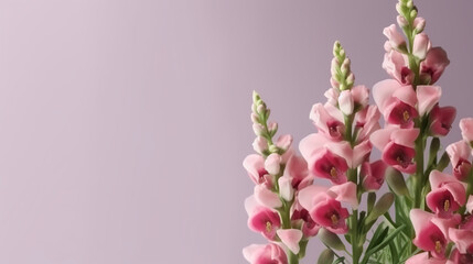 A vase filled with pink flowers on top of a table. Generative AI. Copy space, place for text.