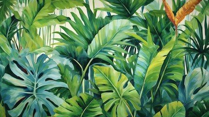 Naklejka na ściany i meble Paradise of tropical leaves: a background of bright and lush leaves in a tropical style. AI generate