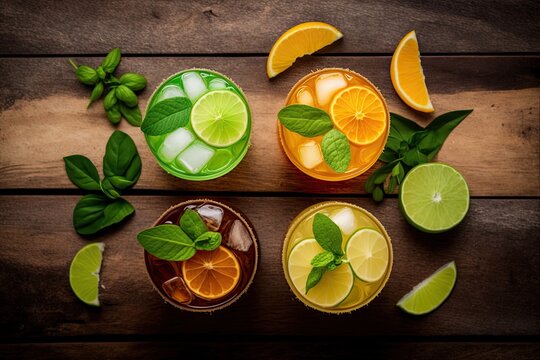 Top view of four distinct cocktails with ice, soda, orange, mint, and lime on a wooden backdrop. Generative AI