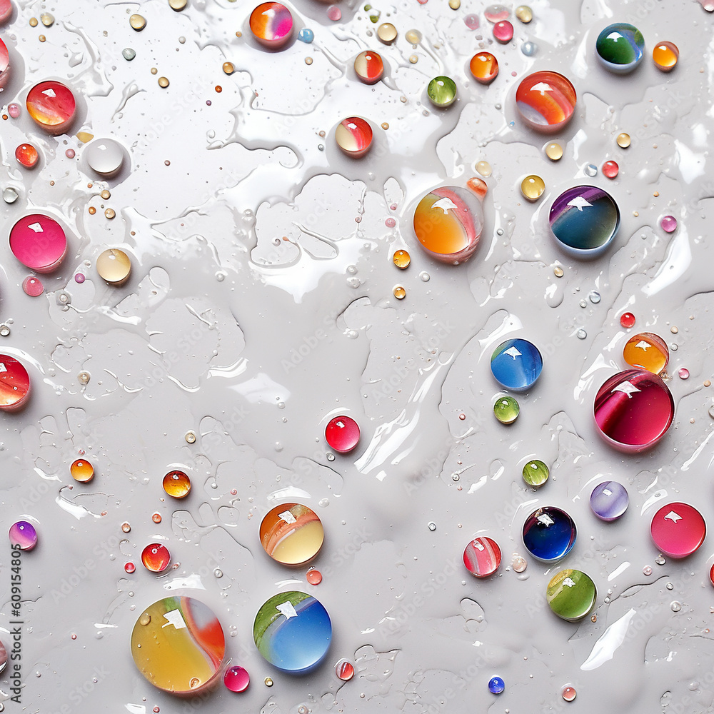 Poster a white surface with a lot of different colored bubbles. generative ai.
