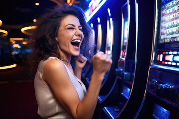 Happy young woman smiling near slot machines in a casino. Generative AI	