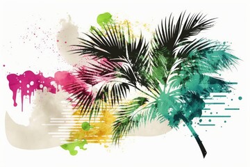 Summer in abstraction. Watercolour rough shabby splash, brush stroke, palm trees, leaves, ink grunge, doodle texture on white background. Illustration of a beach done by hand. Generative AI