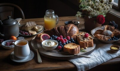 Fototapeta premium a table topped with a plate of food and a cup of coffee. generative ai