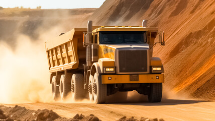 Large quarry dump truck. Dump truck carrying coal, sand and rock. Truck moving on dirt country road.
