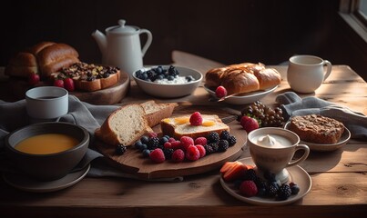  a wooden table topped with plates of food and cups of coffee.  generative ai