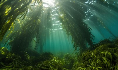  the sun shines through the water in a seaweed forest.  generative ai