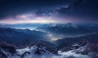  a view of a mountain range with a star filled sky.  generative ai