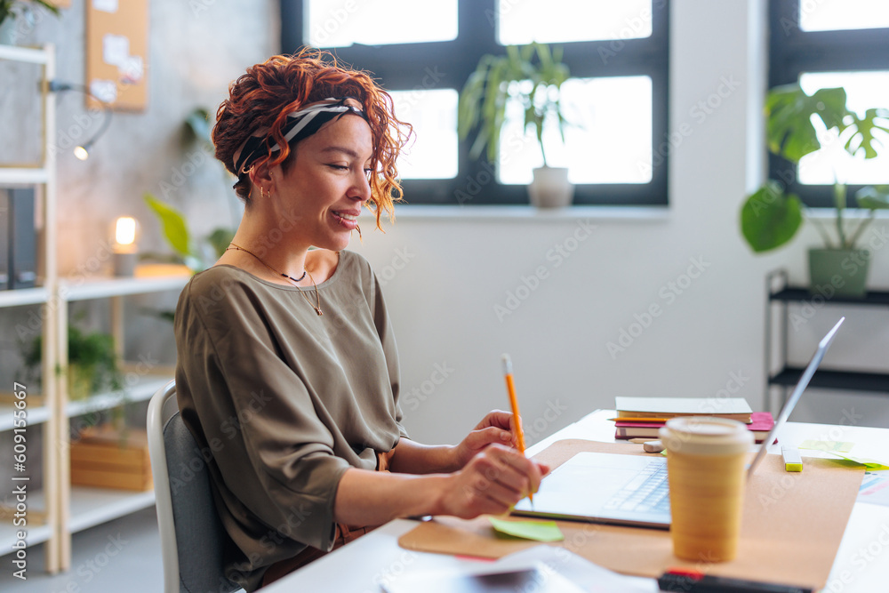 Wall mural side profile of young hispanic business woman using laptop in the office.