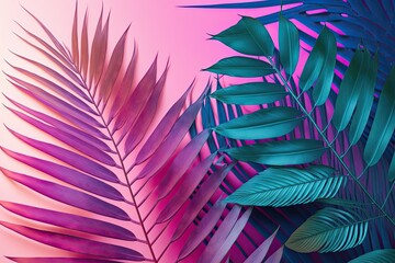 Tropical and palm fronds with holographic bright gradient colors. Artwork with a conceptual theme. Background with a touch of weirdness. Generative AI