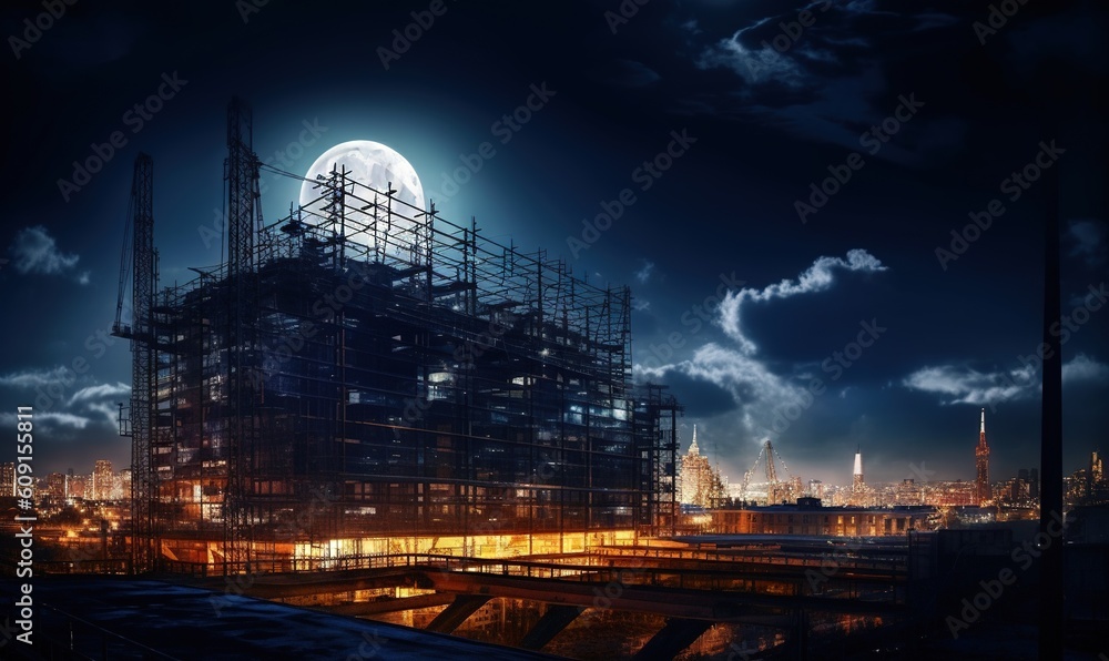Poster a building under construction with a full moon in the background. generative ai