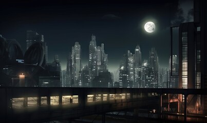  a city at night with a full moon in the sky.  generative ai