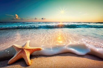 Fototapeta na wymiar Summer beach with a starfish against a tropical ocean and a breathtaking sky. Generative AI