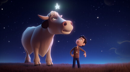 Fototapeta premium Cute adorable cow, Eid ul azha. Soft cinematic lighting, animation style character, islamic greetings created with generative ai