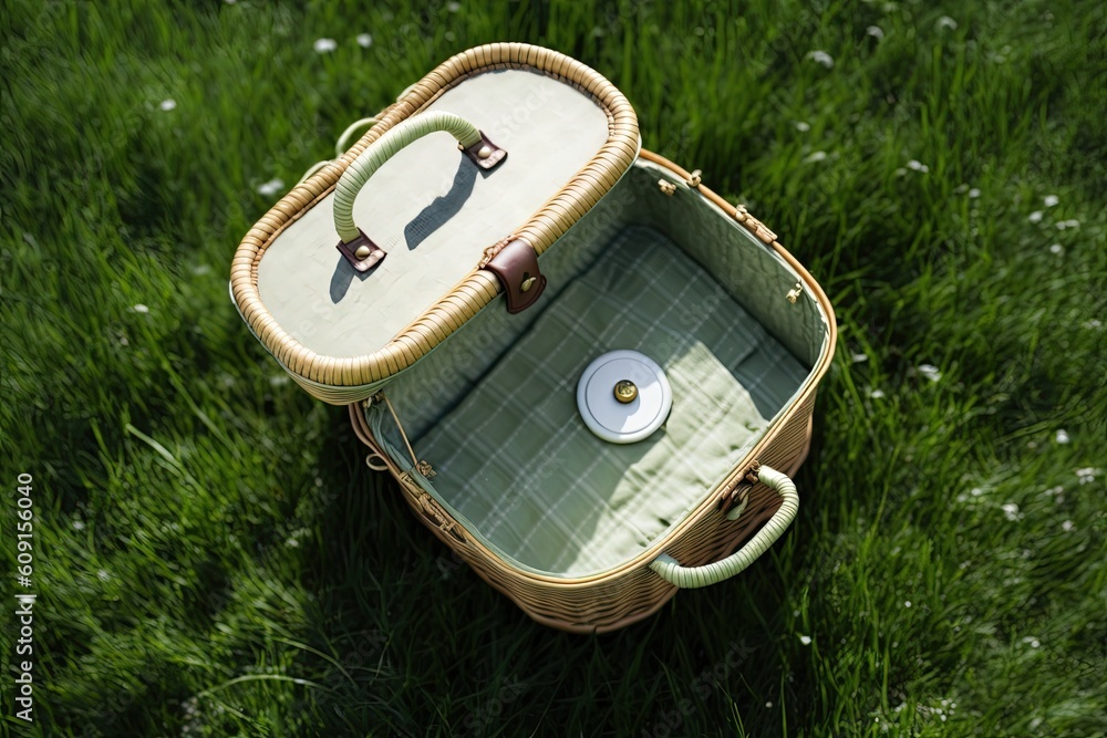 Poster top view of a closed wicker picnic basket on green grass. there is room for text here. generative ai