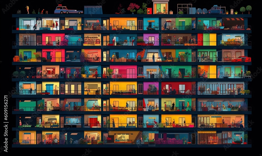 Poster a large multi - story building with many windows and balconies. generative ai