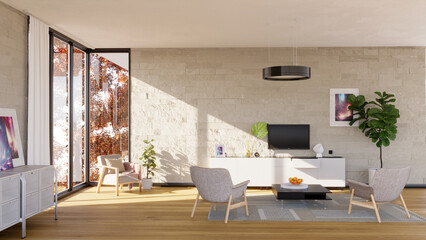 Internal view of an open space with big windows, large size, modern and contemporary style. Luxury houses. Living room. Architecture and projects. 3d rendering