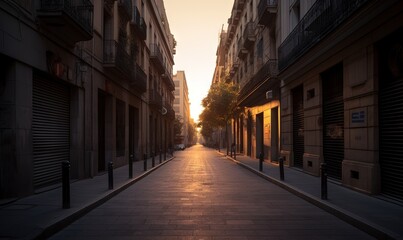 Fototapeta premium a city street lined with tall buildings and closed shutters. generative ai