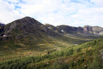 Fototapeta na wymiar The green valley above memrubu in Jotunheimen, Norway. Canon 350D, 18 - 55 mm lens.