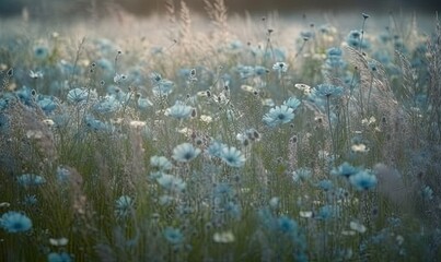  a field full of blue flowers with a dark sky in the background.  generative ai