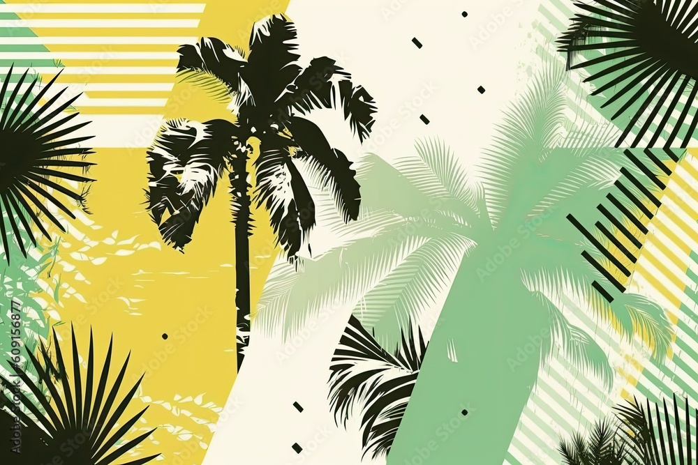 Poster modern backdrop with a tropical feel. abstract dashed geometric texture. a palm tree. banana and coc