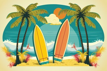 Fototapeta na wymiar Surfboards on a palm-fringed paradise island. Illustration of an unusual vacation destination. Summer vacation idea. Generative AI