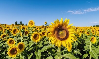 Obraz premium a large sunflower in a field of sunflowers. generative ai