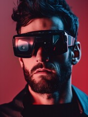 Model young man in glasses of virtual reality. Augmented reality, future technology concept. VR. Neon light. AI generative