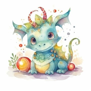 AI generated. watercolor cartoon dragon with big eyes isolated on white background  Generative AI