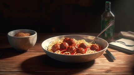 spaghetti with meatballs in a white bowl on a wooden table.generative ai
