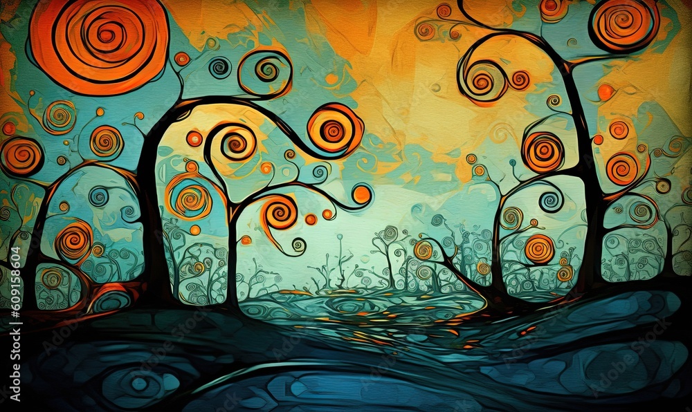 Poster a painting of trees with swirls and a sun in the background. generative ai