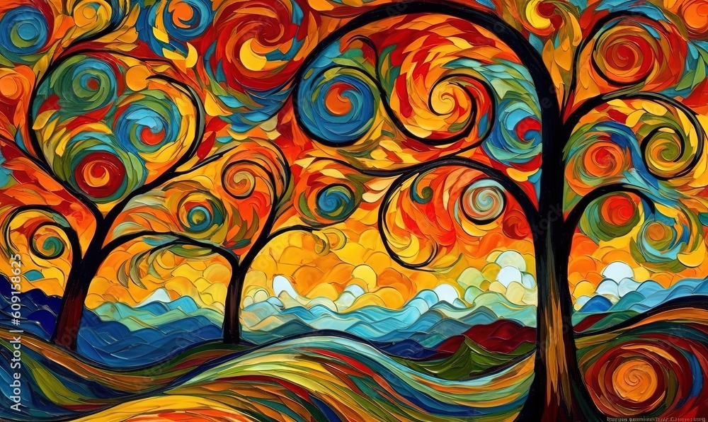 Aufkleber a painting of two trees with swirly trees in the background. generative ai