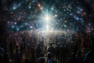 Fototapeta na wymiar A lot of people on an exodus entering a new dimension in the dark matter universe full of light. AI