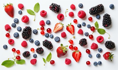 Naklejka na ściany i meble berries, raspberries, and blueberries are arranged on a white surface. generative ai
