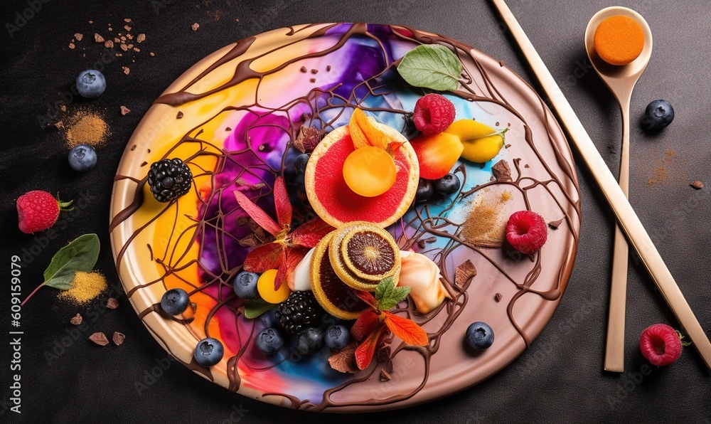 Poster a plate of fruit and chocolate on a table with chopsticks. generative ai